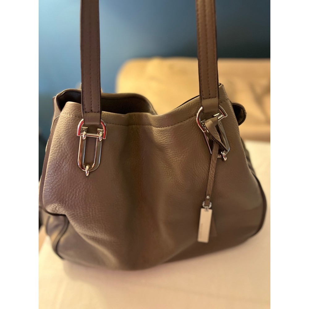 Vince Camuto Taupe Grey Pebbled Leather Triple Compartment Shoulder Bag Tote